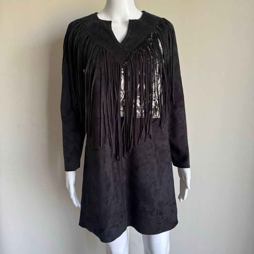 Vintage Custo Barcelona Faux Suede Fringe Mini Dress NWT Graphic Print Boho Y2K